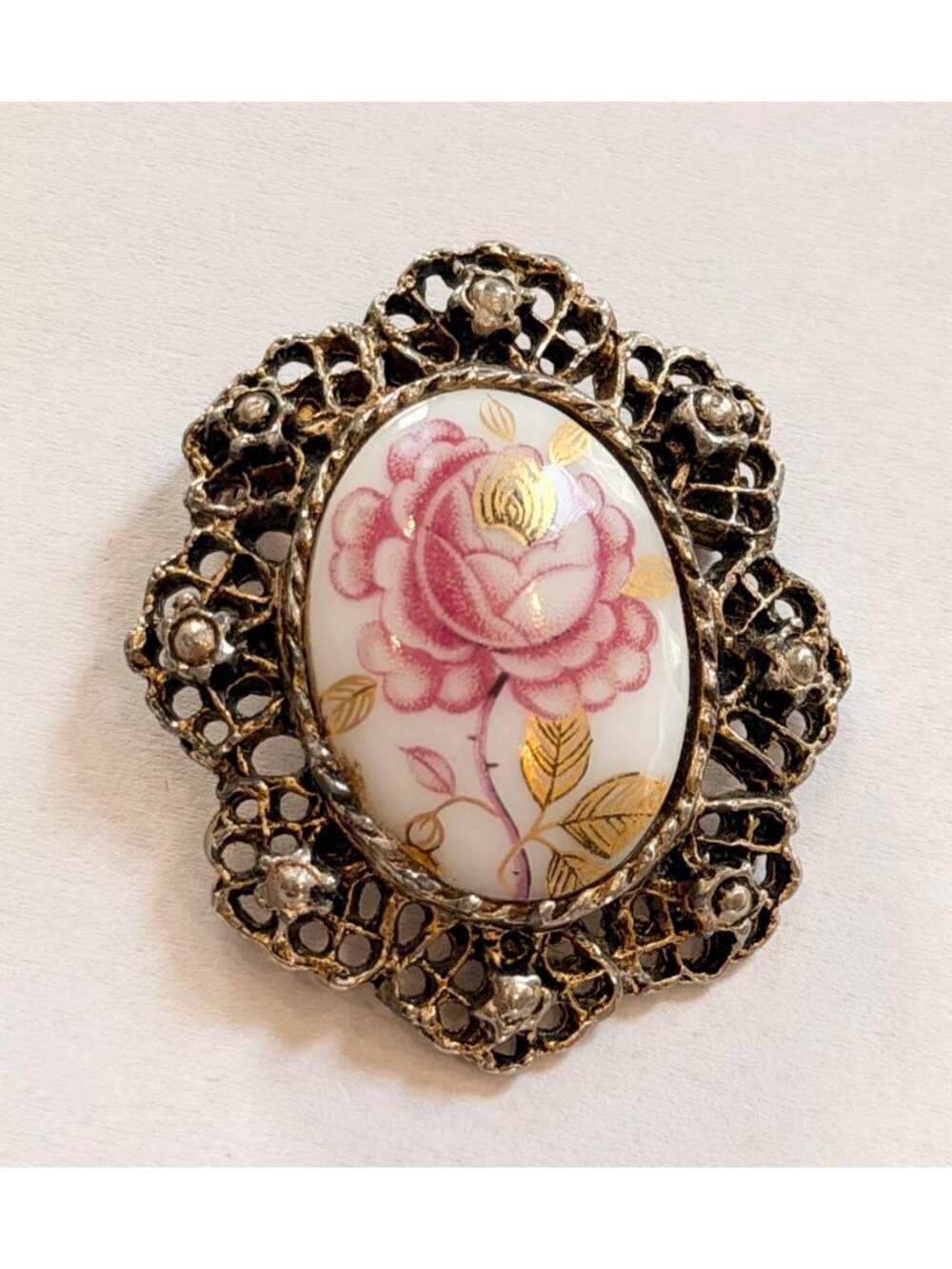 Vintage Floral Porcelain Brooch With Pink Rose Design & Filigree Metal Setting